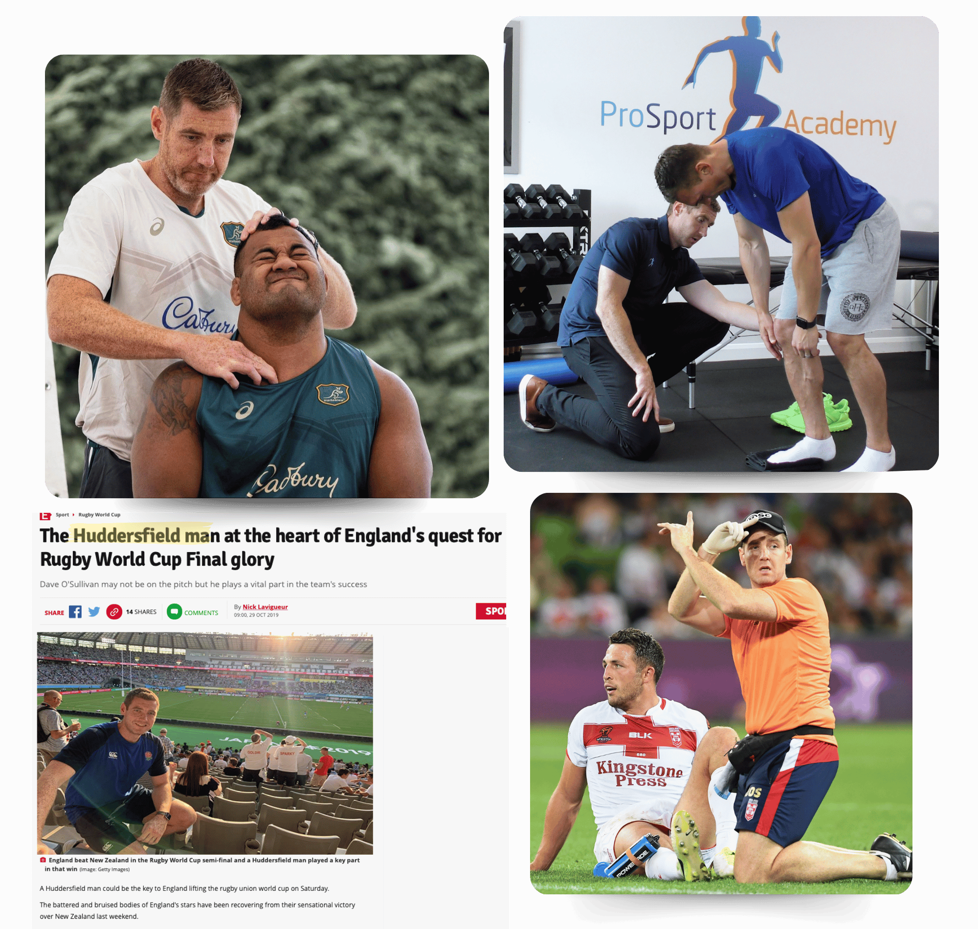 Dave O’Sullivan founder of ProSport Physiotherapy mentioned in newspaper at World Cup, and Kevin Sinfield OBE.